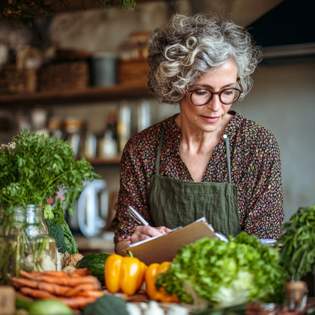 Middle-aged woman planning weekly meals with fresh vegetables and holtravi recipes